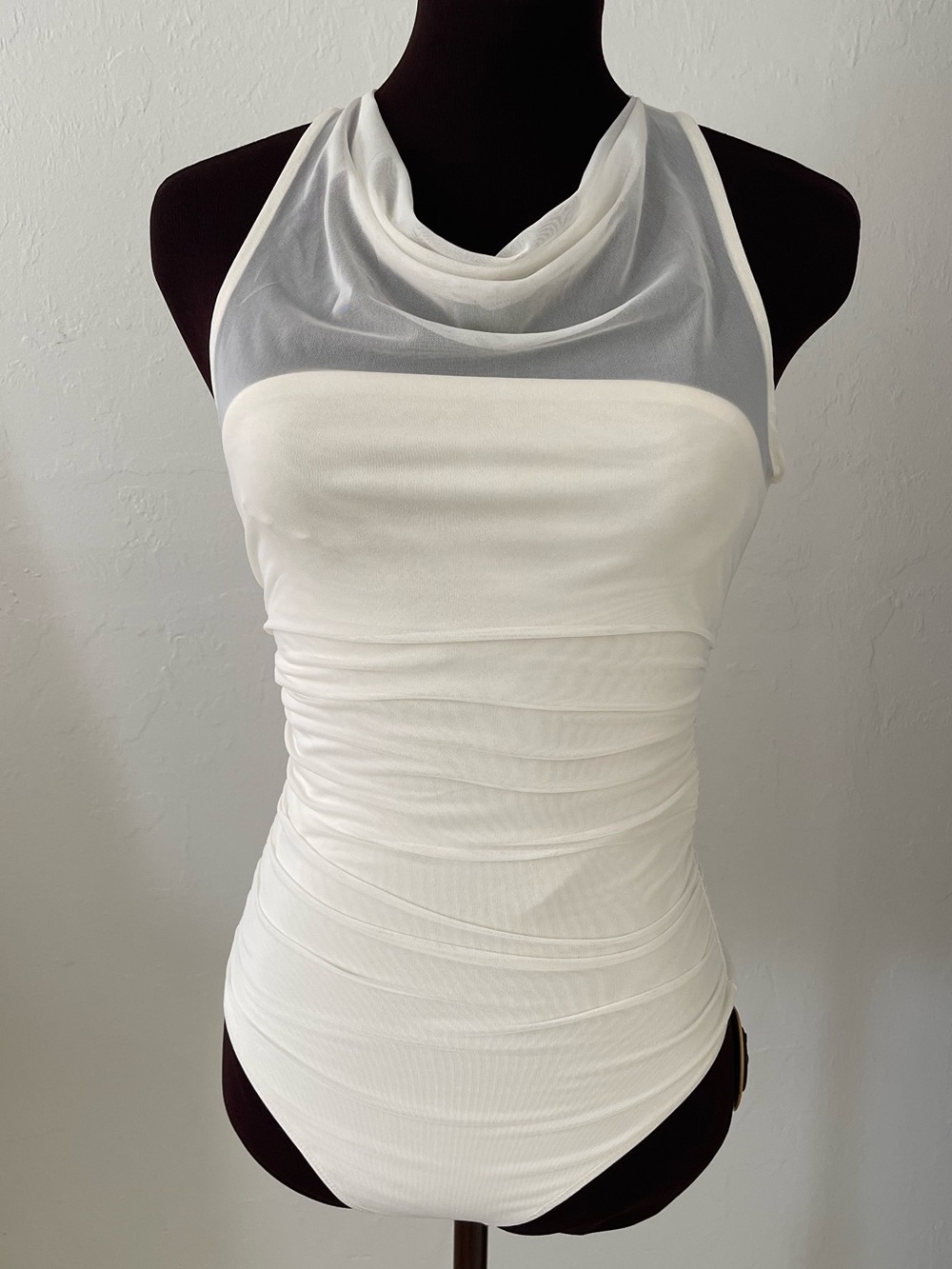 Abercrombie & Fitch White Draped Mesh cowl neck bodysuit XS